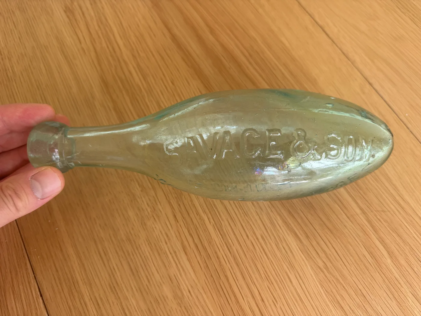 A Victorian seltzer bottle embossed 'SAVAGE & SON', held in a private Walton-on-Thames collection